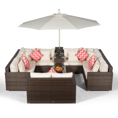 Havana Modular 10 Seat Rattan Conversation Set With 2 Seater Sofa, Armrest Drinks Cooler & Coffee Table - Brown