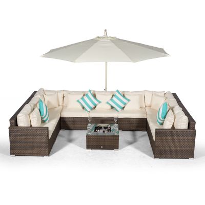 Havana U Shape Modular 9 Seat Rattan Sofa Set With Drinks Cooler Coffee Table - Brown