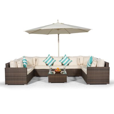 Havana U Shape Modular 9 Seat Rattan Sofa Set With Coffee Table - Brown