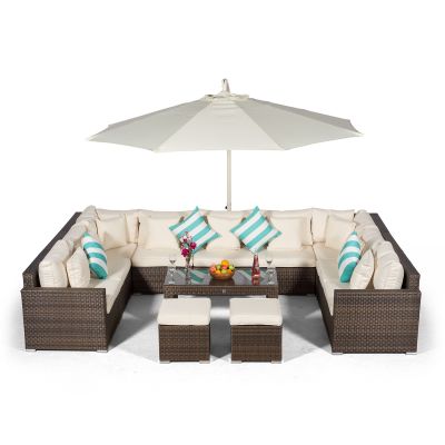 Havana U Shape Modular 9 Seat Rattan Sofa Set With Large Coffee Table & 2 Stools - Brown