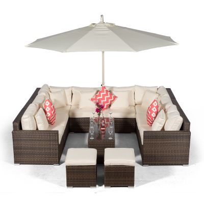 Havana U Shape Modular 8 Seat Rattan Sofa Set With Large Coffee Table & 2 Stools - Brown