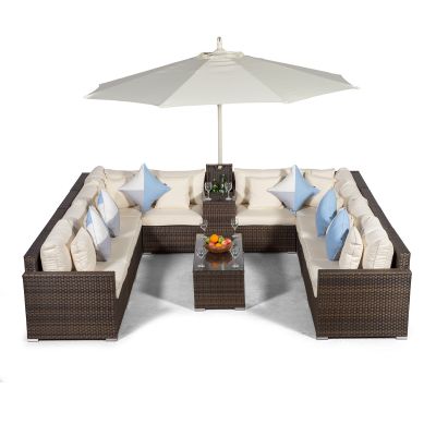 Havana U Shape Modular 10 Seat Rattan Sofa Set With Armrest Drinks Cooler & Coffee Table - Brown