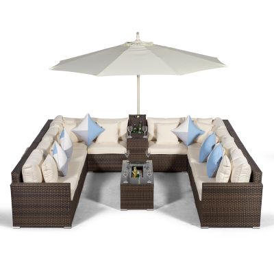 Havana U Shape Modular 10 Seat Rattan Sofa Set With Armrest Drinks Cooler & Drinks Cooler Coffee Table - Brown