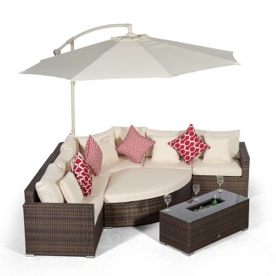 Santorini L Shape Modular 5 Seat Rattan Corner Sofa Set With Daybed Ottoman & Large Drinks Cooler Coffee Table - Brown