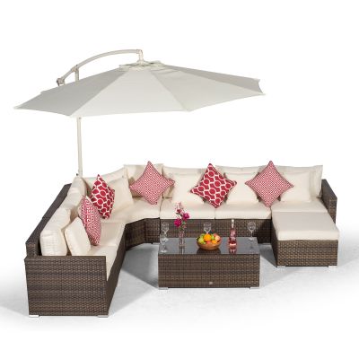 Santorini L Shape Modular 6 Seat Rattan Corner Sofa Set With Large Coffee Table & Ottoman- Brown
