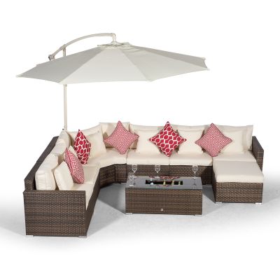 Santorini L Shape Modular 6 Seat Rattan Corner Sofa Set With Large Drinks Cooler Coffee Table & Ottoman - Brown