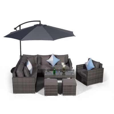 Havana L Shape Modular 6 Seat Rattan Corner Sofa Set With Armchair, Coffee Table & 2 Stools - Grey