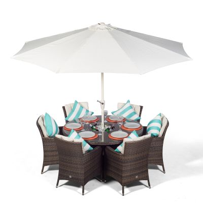 Savannah 6 Seat Round Patio Dining Set with Ice Bucket Drinks Cooler - Brown