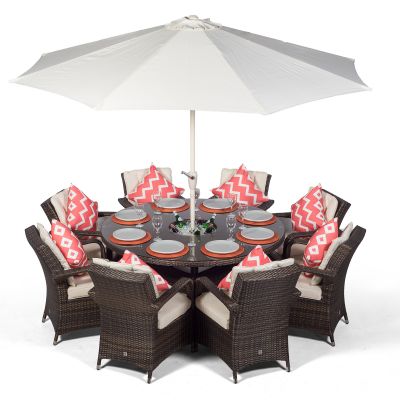 Arizona 155cm Round 8 Seater Rattan Dining Set with Drinks Cooler - Brown