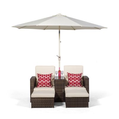 Nevada 2 Seat Armchair Sun Lounger Recliner With Stools And Parasol - Brown