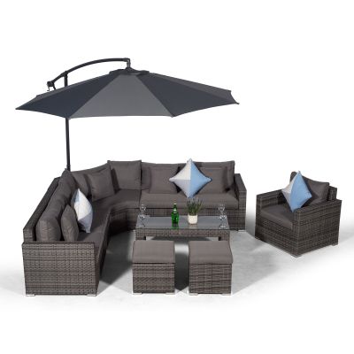 Santorini L Shape Modular 6 Seat Rattan Corner Sofa Set With Armchair, Coffee Table & 2 Stools - Grey