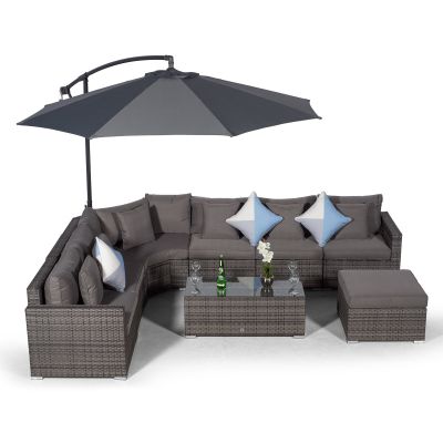 Santorini L Shape Modular 6 Seat Rattan Corner Sofa Set With Large Coffee Table & Ottoman- Grey