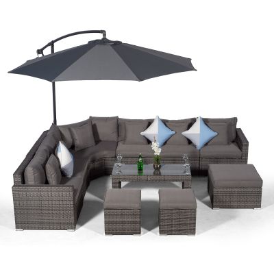 Santorini L Shape Modular 6 Seat Rattan Corner Sofa Set With Large Coffee Table, 2 Stools & Ottoman - Grey