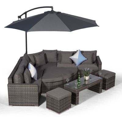 Santorini L Shape Modular 5 Seat Rattan Corner Sofa Set With Daybed Ottoman, Large Coffee Table & 2 Stools - Grey
