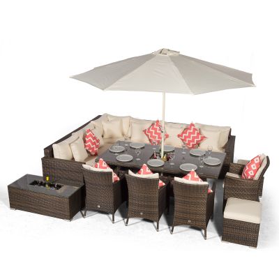 Havana - Modular 10 Seat Drinks Cooler Rattan Corner Sofa Dining Set With Padded Dining Chairs, Stools & Coffee Table - Brown