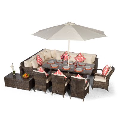 Havana - Modular 10 Seat Rattan Corner Sofa Dining Set With Luxury Padded Dining Chairs, Stools & Coffee Table - Brown
