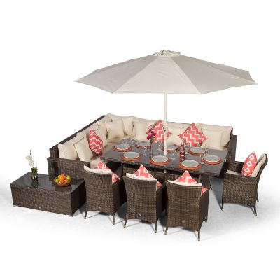 Havana - Modular 10 Seat Rattan Corner Sofa Dining Set With Padded Dining Chairs, Stools & Coffee Table - Brown