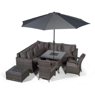 Havana - Modular 7 Seat Drinks Cooler Rattan Corner Sofa Dining Set With Luxury Padded Dining Chairs & Coffee Table - Grey