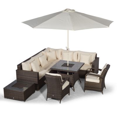 Havana - Modular 7 Seat Drinks Cooler Rattan Corner Sofa Dining Set With Luxury Padded Dining Chairs & Coffee Table - Brown