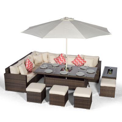Havana - Modular 10  Seat Drinks Cooler Rattan Corner Sofa Dining Set With Stools & Coffee Table - Brown