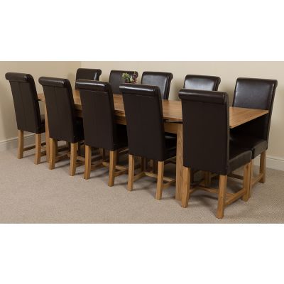 Richmond Large Oak Extending Dining Table with 10 Washington Brown Leather Dining Chairs