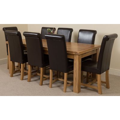 Richmond Large Oak Extending Dining Table with 8 Washington Brown Leather Dining Chairs