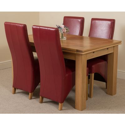 Richmond Medium Oak Extendable Dining Table with 4 Lola Burgundy Leather Dining Chairs