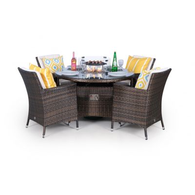Savannah Fire Pit 4 Seater Round Rattan Dining Set - Brown