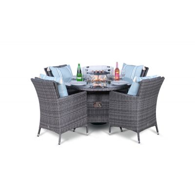 Savannah Fire Pit 4 Seater Round Rattan Dining Set - Grey