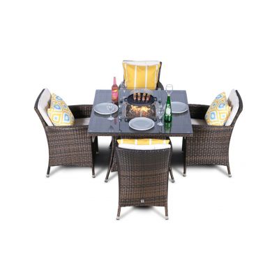 Savannah Fire Pit 4 Seater Square Rattan Dining Set - Brown