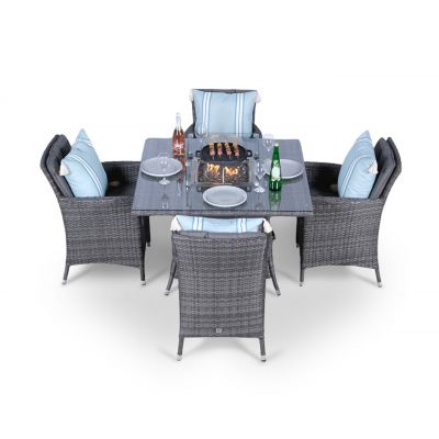 Savannah Fire Pit 4 Seater Square Rattan Dining Set - Grey