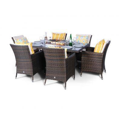 Savannah Fire Pit 6 Seater Rectangle Rattan Dining Set - Brown