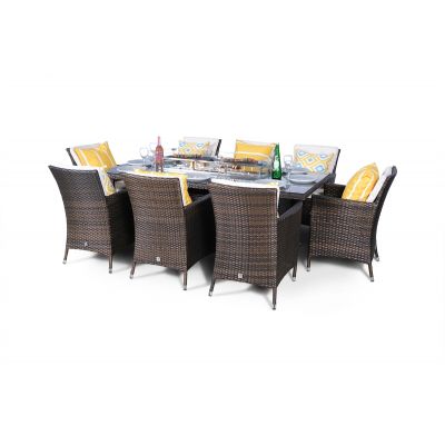 Savannah Fire Pit 8 Seater Rectangle Rattan Dining Set - Brown