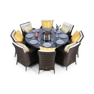Savannah Fire Pit 8 Seater Round Rattan Dining Set - Brown