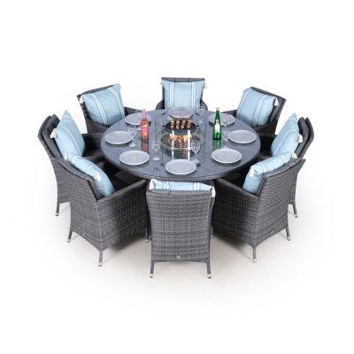 Savannah Fire Pit 8 Seater Round Rattan Dining Set - Grey