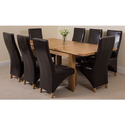 Seattle Oak Extending Dining Table and 8 Lola Brown Leather Dining Chairs