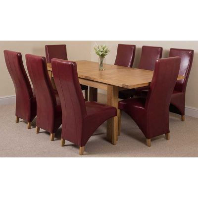 Seattle Oak Extending Dining Table and 8 Lola Burgundy Leather Dining Chairs