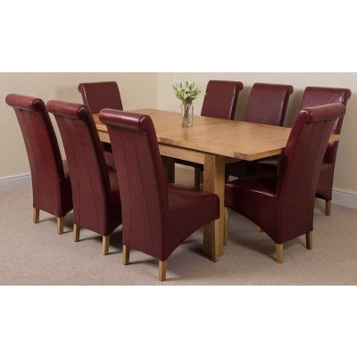 Seattle Oak Extending Dining Table and 8 Montana Burgundy Leather Dining Chairs
