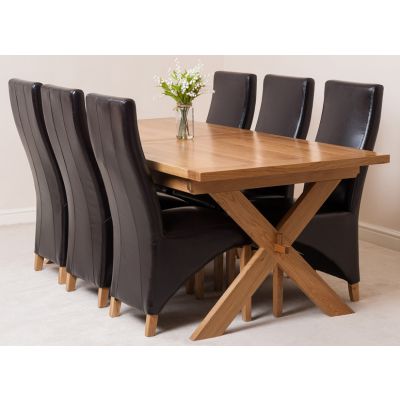 Vermont Cross Leg Oak Extending Dining Table with 8 Lola Brown Leather Dining Chairs