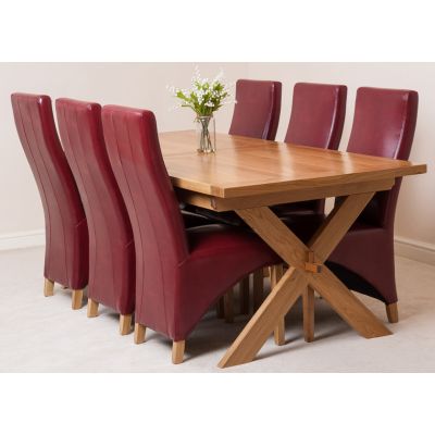 Vermont Cross Leg Oak Extending Dining Table with 6 Lola Burgundy Leather Dining Chairs