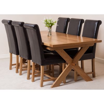 Vermont Cross Leg Oak Extending Dining Table with 6 Washington Brown Leather Dining Chairs
