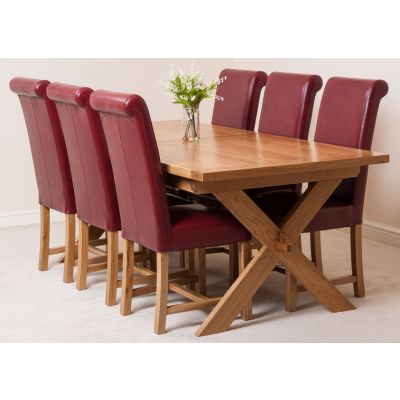 Vermont Cross Leg Oak Extending Dining Table with 6 Washington Burgundy Leather Dining Chairs