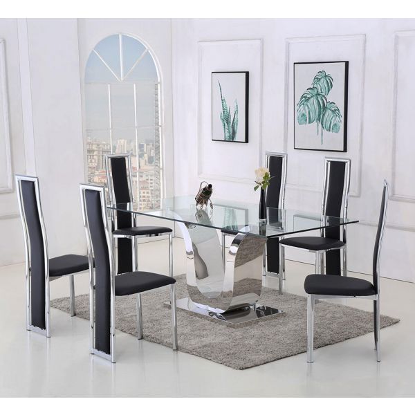 Alexandria Glass Dining Table 6 Elsa, Black Leather Dining Table Chairs