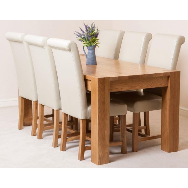 Kuba Large Oak Dining Table With 6, Cream Leather Chairs Argos