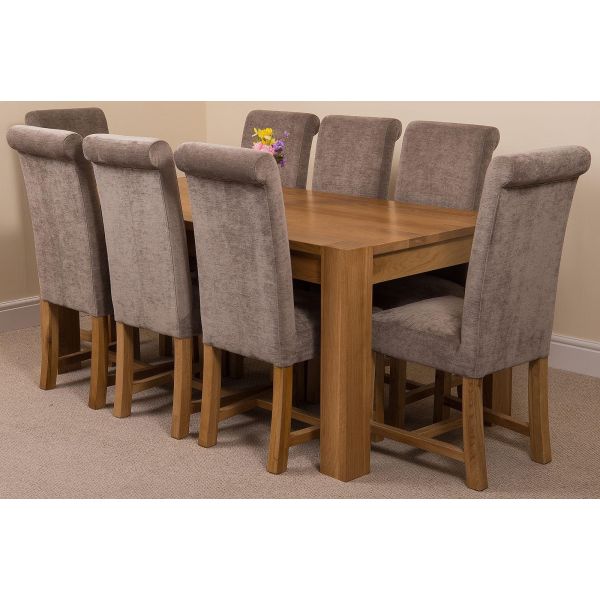 Kuba Large Oak Dining Table With 8, Oak And Grey Fabric Dining Chairs