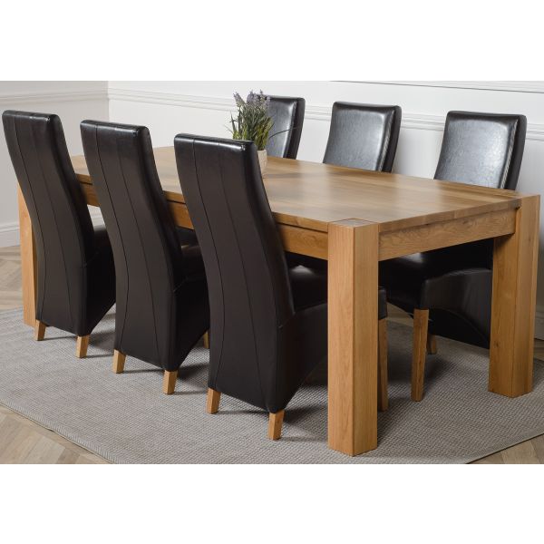 Kuba Extra Large Oak Dining Table With, Dining Table And 6 Black Leather Chairs