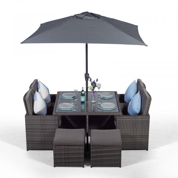 Giardino Rattan 4 Seater Cube Dining Table Chairs Set With Stools Parasol Grey - Rattan Patio Furniture With Parasol