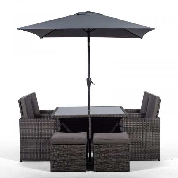 Giardino Rattan 4 Seater Cube Dining Table Chairs Set With Stools Parasol Grey - Black Rattan Patio Set With Parasol