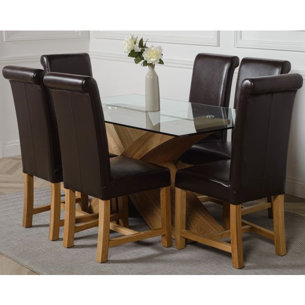 Valencia Oak Small Glass Dining Table, Glass Dining Table With Brown Leather Chairs