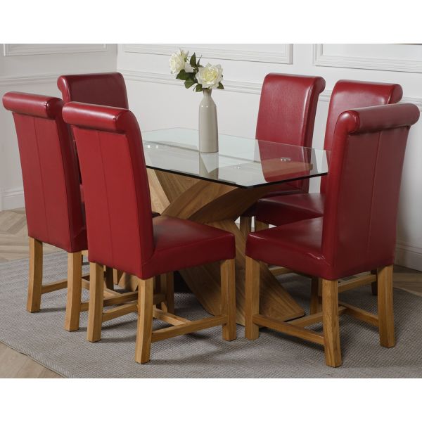 Valencia Oak Small Glass Dining Table 6 Washington Burdy Leather Chairs Valencia Oak Small Glass Dining Table, Red Leather Dining Chairs Glass Table